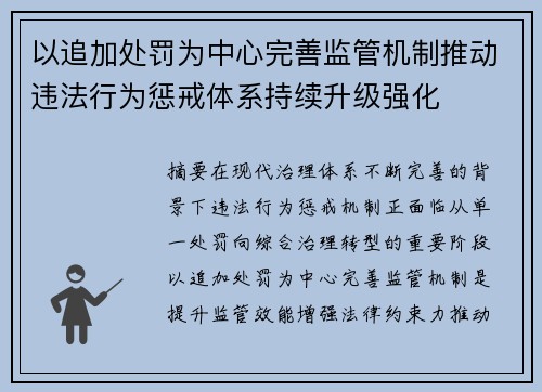 以追加处罚为中心完善监管机制推动违法行为惩戒体系持续升级强化